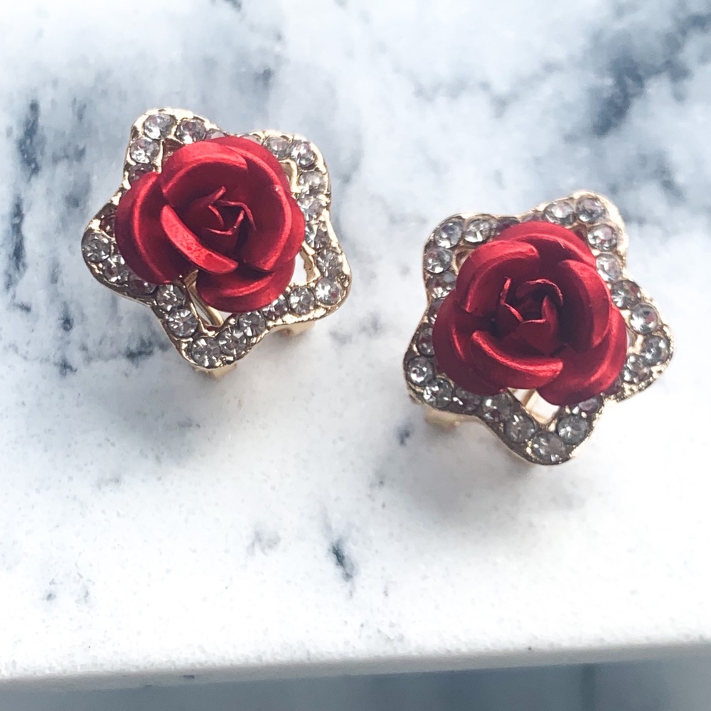 Red rose clip on earrings